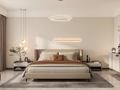 Modern Minimalist Bedroom Interior With Bed Pillows Nightstands LED Strip Light Chandelier And Potted Plant 3d model