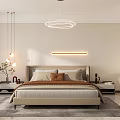 Modern Minimalist Bedroom Interior With Bed Pillows Nightstands LED Strip Light Chandelier And Potted Plant