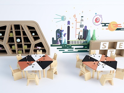 Modern Children's Tables and Chairs Children's Furniture Children's Bookshelf Kindergarten Background Wall model