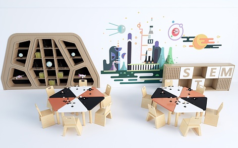 Modern Children's Tables and Chairs Children's Furniture Children's Bookshelf Kindergarten Background Wall 3d model