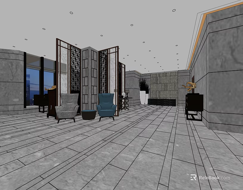 Modern Hotel Lobby Interior With Stone Walls Marble Floors And Seating 3d model 