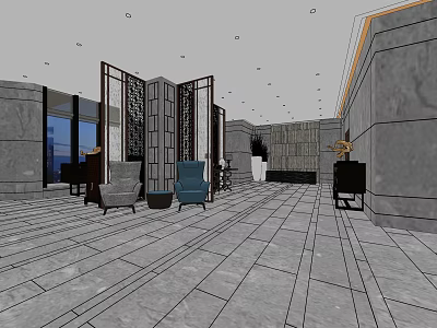 Modern Hotel Lobby Interior With Stone Walls Marble Floors And Seating 3d model