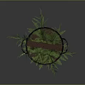 Green Plant with Slender Green Leaves in Black Bucket Featuring Yellow Stripes against Gray Background