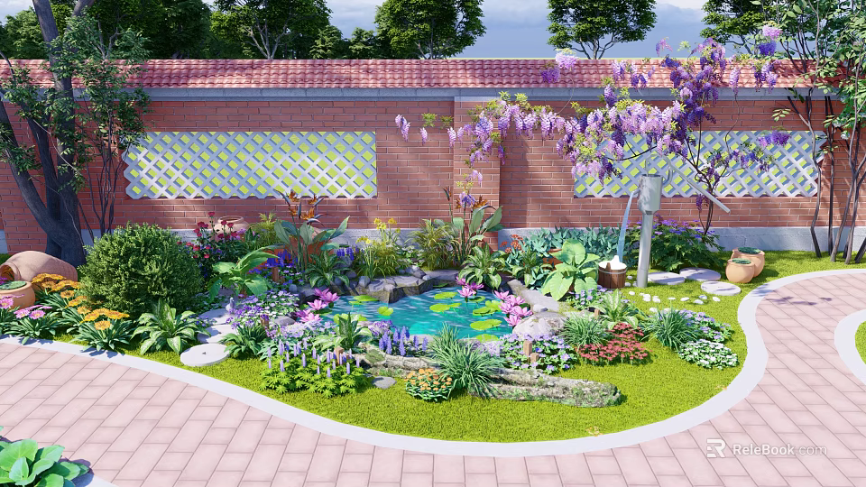 Beautiful Courtyard Garden with Brick Wall Lattice Trellis Wisteria Flowers Small Pond and Stone Pathway 3d model 