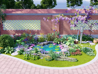 Beautiful Courtyard Garden with Brick Wall Lattice Trellis Wisteria Flowers Small Pond and Stone Pathway 3d model