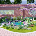 Beautiful Courtyard Garden with Brick Wall Lattice Trellis Wisteria Flowers Small Pond and Stone Pathway
