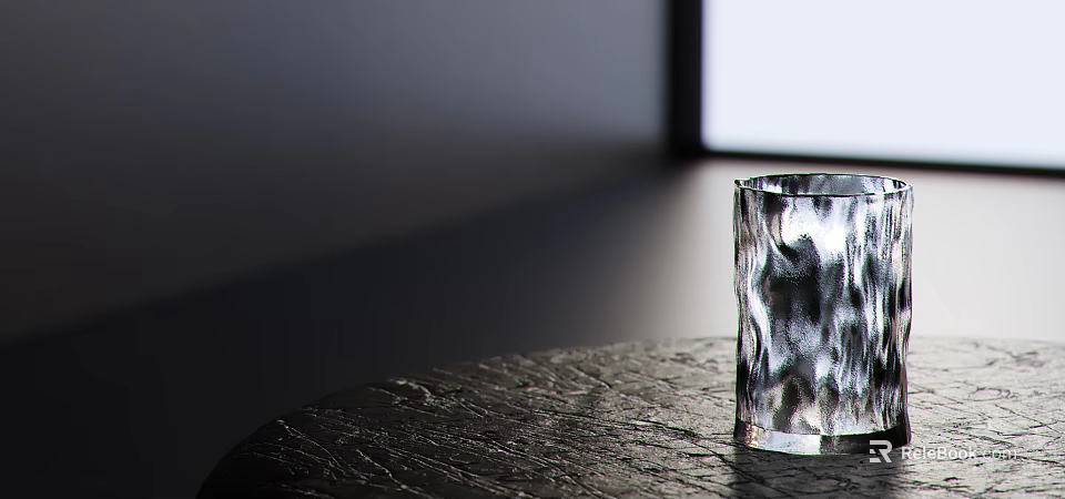 Transparent Glass Cup With Irregular Patterns On Dark Textured Table Near Window Light 3d model 
