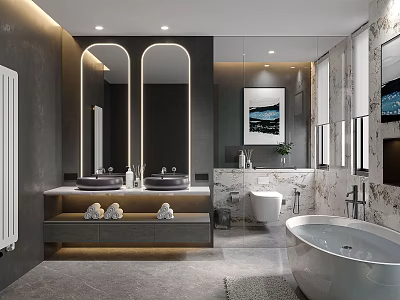 Modern Bathroom Interior Design With Double Vanity Large Mirrors And Freestanding Bathtub 3d model