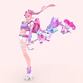 Game and Movie Character with Pink Hair Purple White Outfit Pink Accessories Small Cartoon Companions