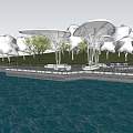 Waterfront Pergola Design With Glass Canopy And Wooden Deck Surrounded By Trees