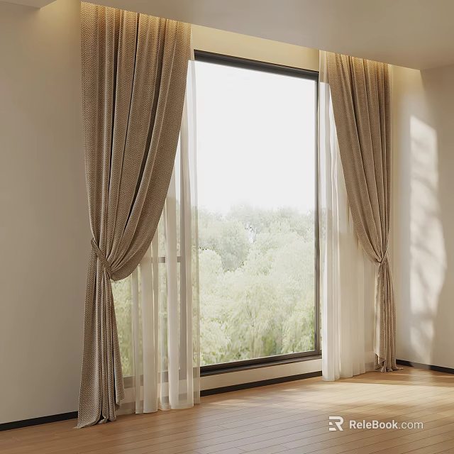 Sunlit Interior Window With Beige Curtains Natural Light And Trees Outside 3d model 