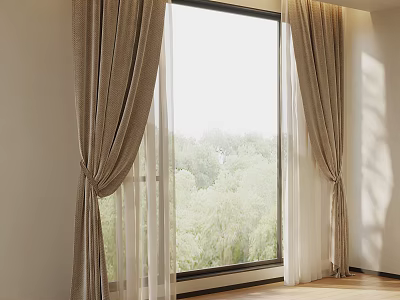 Sunlit Interior Window With Beige Curtains Natural Light And Trees Outside 3d model