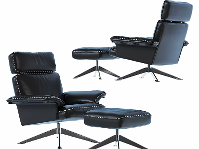 Elegant Black Leather Lounge Chair With Ottoman Studded Accents And Metal Legs 3d model