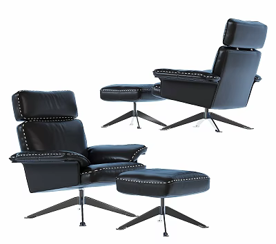 Elegant Black Leather Lounge Chair With Ottoman Studded Accents And Metal Legs 3d model