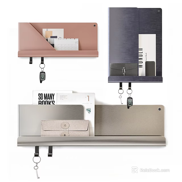 Modern Functional Wall Decor With Hooks And Small Shelves In Pink Blue Gray 3d model 