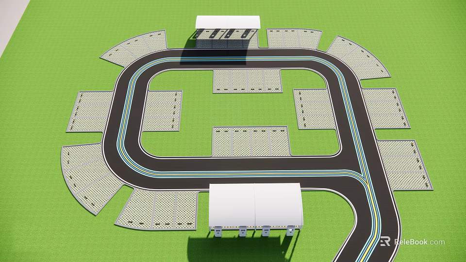 Race Track Layout Featuring Grandstands And Structures On Green Field Design 3d model