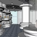 Emily Martin Art Gallery Interior with Bookshelves Round Display Stand and Unicorn Sculpture