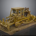 Yellow Bulldozer Model With Tracks Cab Blade And Ripper On Brown Base Dark Background