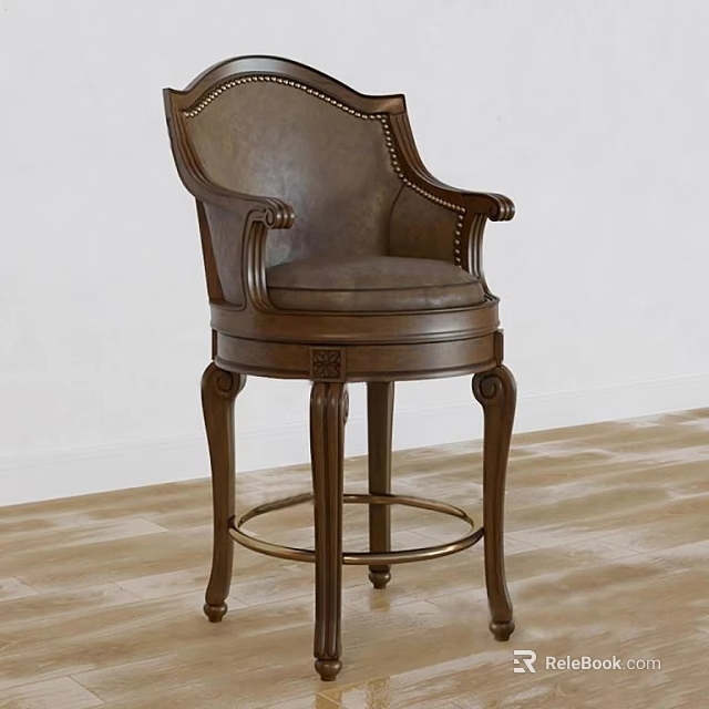 Elegant Wooden Bar Stool With Leather Seat And Carved Armrests Details 3d model 