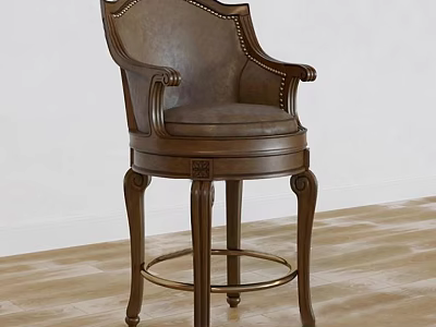 Elegant Wooden Bar Stool With Leather Seat And Carved Armrests Details 3d model