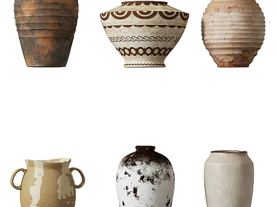 Handcrafted Traditional Ceramic Vessels Featuring Striped Patterns Geometric Motifs Handles And Brown White Beige Hues 3d model