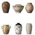 Handcrafted Traditional Ceramic Vessels Featuring Striped Patterns Geometric Motifs Handles And Brown White Beige Hues