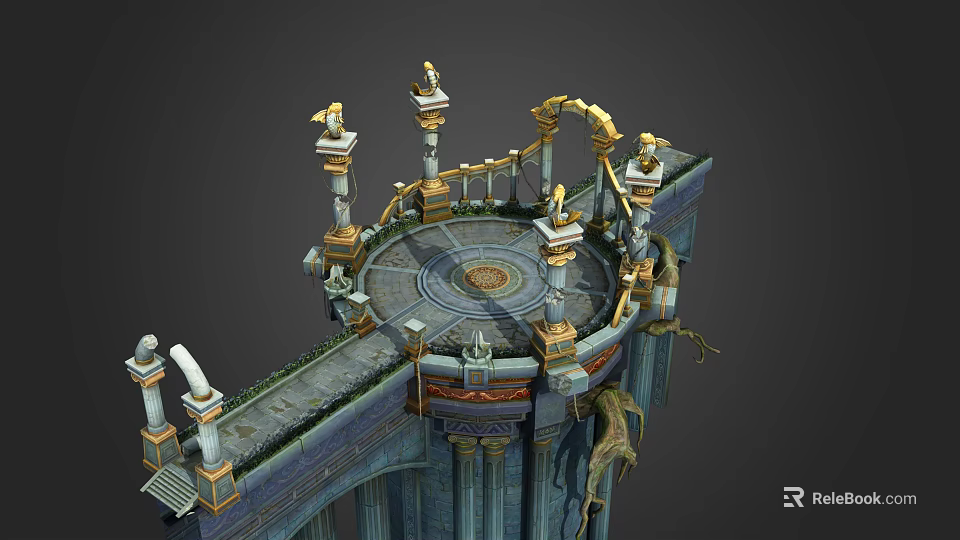 Cartoon Fantasy Platform Scene With Circular Design Pillars Statues And Dragon Decorations 3d model 