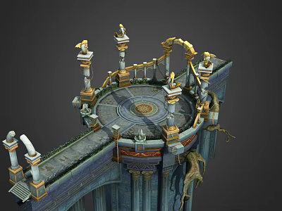 Cartoon Fantasy Platform Scene With Circular Design Pillars Statues And Dragon Decorations 3d model