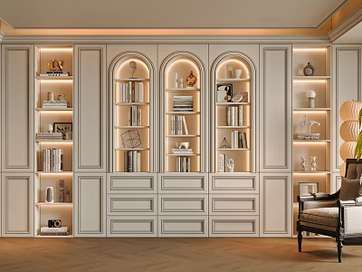 Modern Elegant Wooden Bookcase With Open Shelves LED Lighting And Decorative Items 3d model
