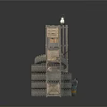 Industrial Storage Setup With Metal Shelves Wooden Crates Baskets Lantern And Stacked Tires