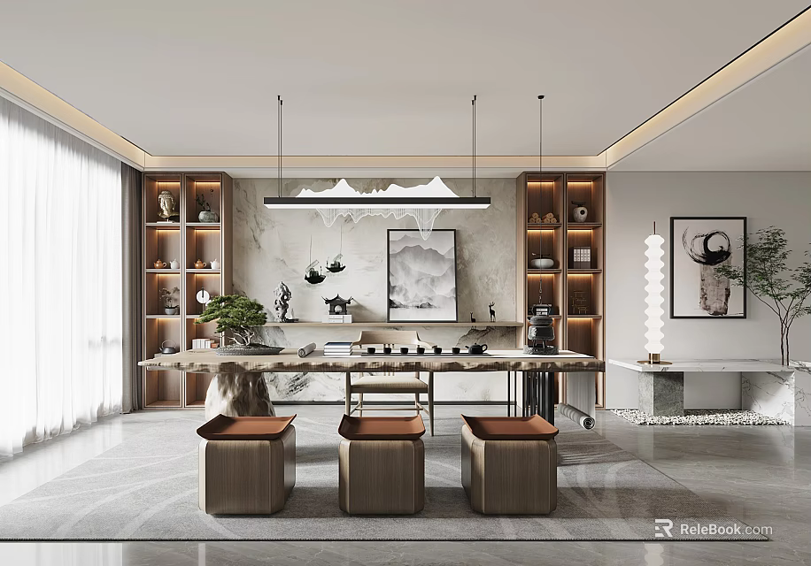 Modern Tea Room Interior Design With Tea Table Tea Sets Hanging Lights And Decorative Items 3d model
