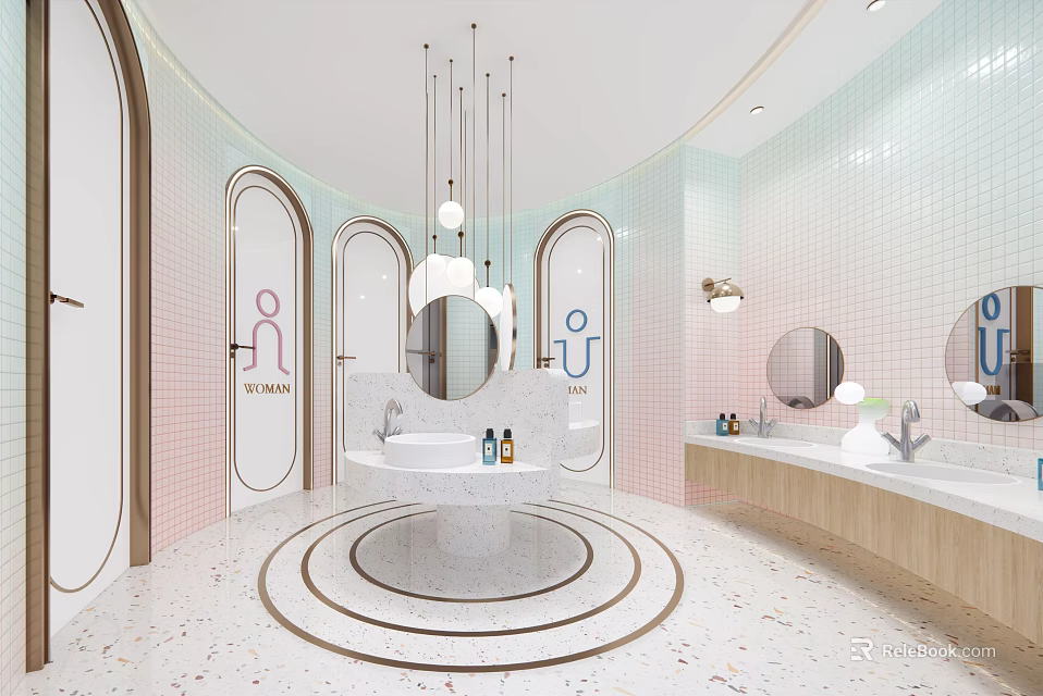 Modern Public Restroom Design Featuring Arched Doors Pink Blue Walls Marble Washbasin And Pendant Lights 3d model 