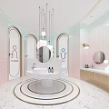Modern Public Restroom Design Featuring Arched Doors Pink Blue Walls Marble Washbasin And Pendant Lights