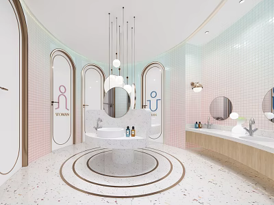 Modern Public Restroom Design Featuring Arched Doors Pink Blue Walls Marble Washbasin And Pendant Lights 3d model