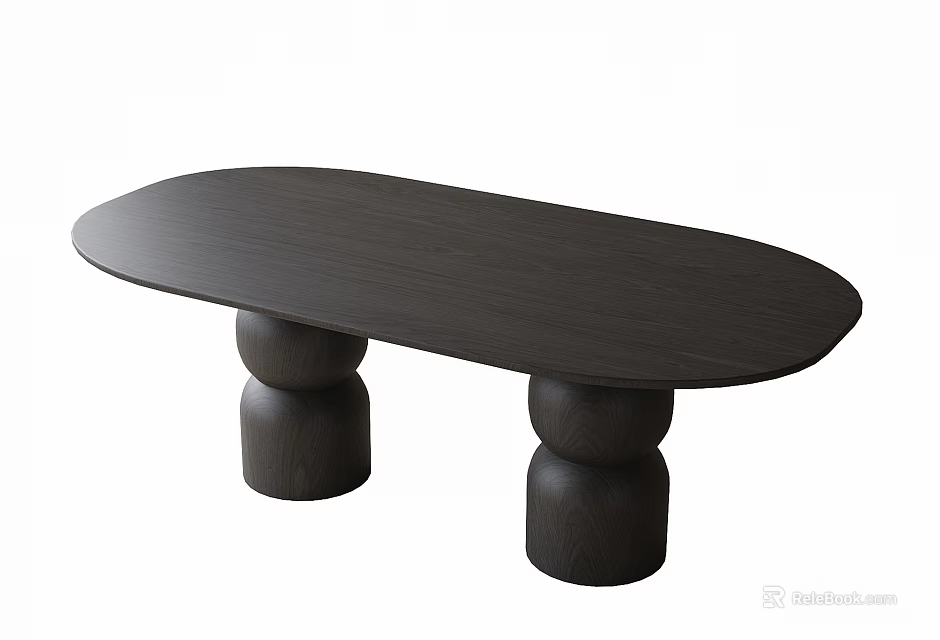 Black Oval Top Desk With Two Round Stacked Pillar Bases 3d model 