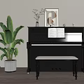 Modern Interior with Black Piano Decorative Painting Open Music Sheet Green Plant and Bench