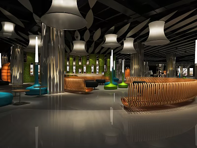 Modern Leisure Area Interior With Pendant Lights Metal Columns Green Wall And Colorful Seats 3d model