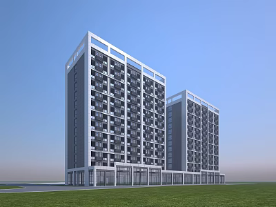 Modern High Rise Residential Building Exterior With Windows Green Lawn And Blue Sky Background 3d model