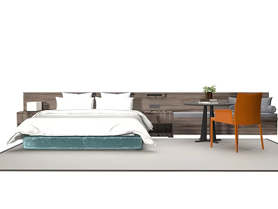 Modern Double Bed With White Bedding Wooden Headboard Side Table And Orange Chair 3d model