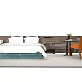 Modern Double Bed With White Bedding Wooden Headboard Side Table And Orange Chair