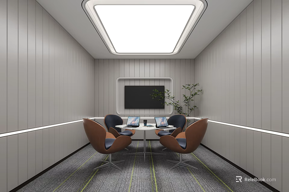Contemporary Lounge Area Interior With Paneled Walls Round Table Brown Chairs And TV Plant 3d model 