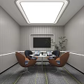 Contemporary Lounge Area Interior With Paneled Walls Round Table Brown Chairs And TV Plant