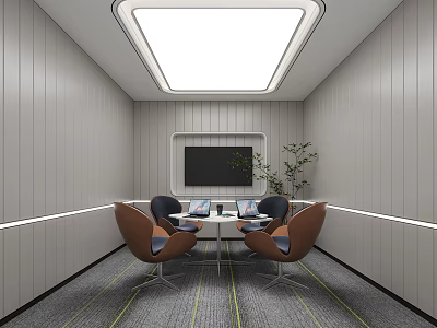 Contemporary Lounge Area Interior With Paneled Walls Round Table Brown Chairs And TV Plant 3d model