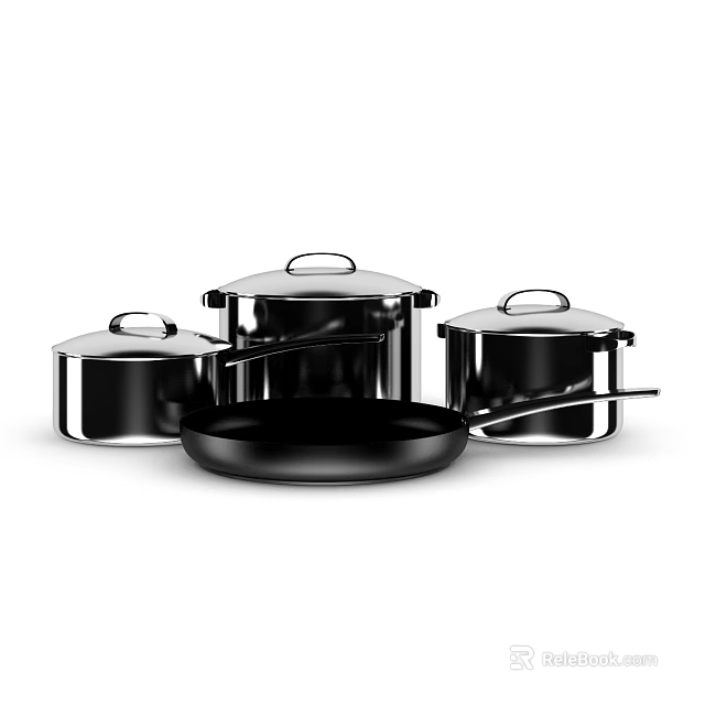 Stainless Steel Cookware Set Including Cooking Pots with Lids and Frying Pan for Home Kitchen 3d model 