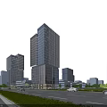 Modern Office Building With Glass Curtain Walls Tall Structures Road Cars Trees Blue Sky