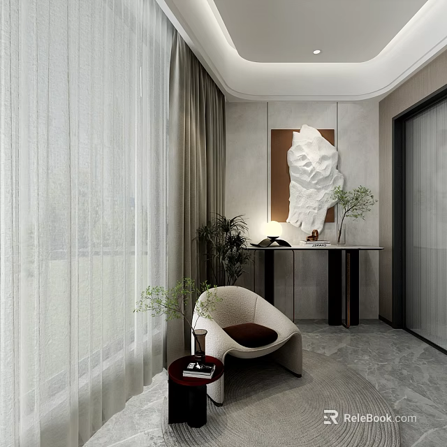 Modern Entryway Hallway Interior With Light Curtains Armchair Sculpture And Potted Plant Console Table 3d model 