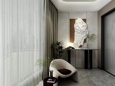 Modern Entryway Hallway Interior With Light Curtains Armchair Sculpture And Potted Plant Console Table 3d model