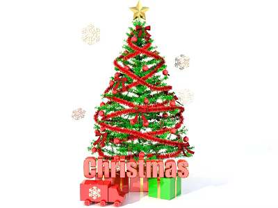 Green Christmas Tree With Red Ribbons Star On Top And Snowflakes Around Christmas Gifts 3d model