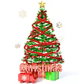 Green Christmas Tree With Red Ribbons Star On Top And Snowflakes Around Christmas Gifts