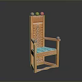 Wooden Chair With Carved Patterns Turquoise Cushion And Decorative Top Balls